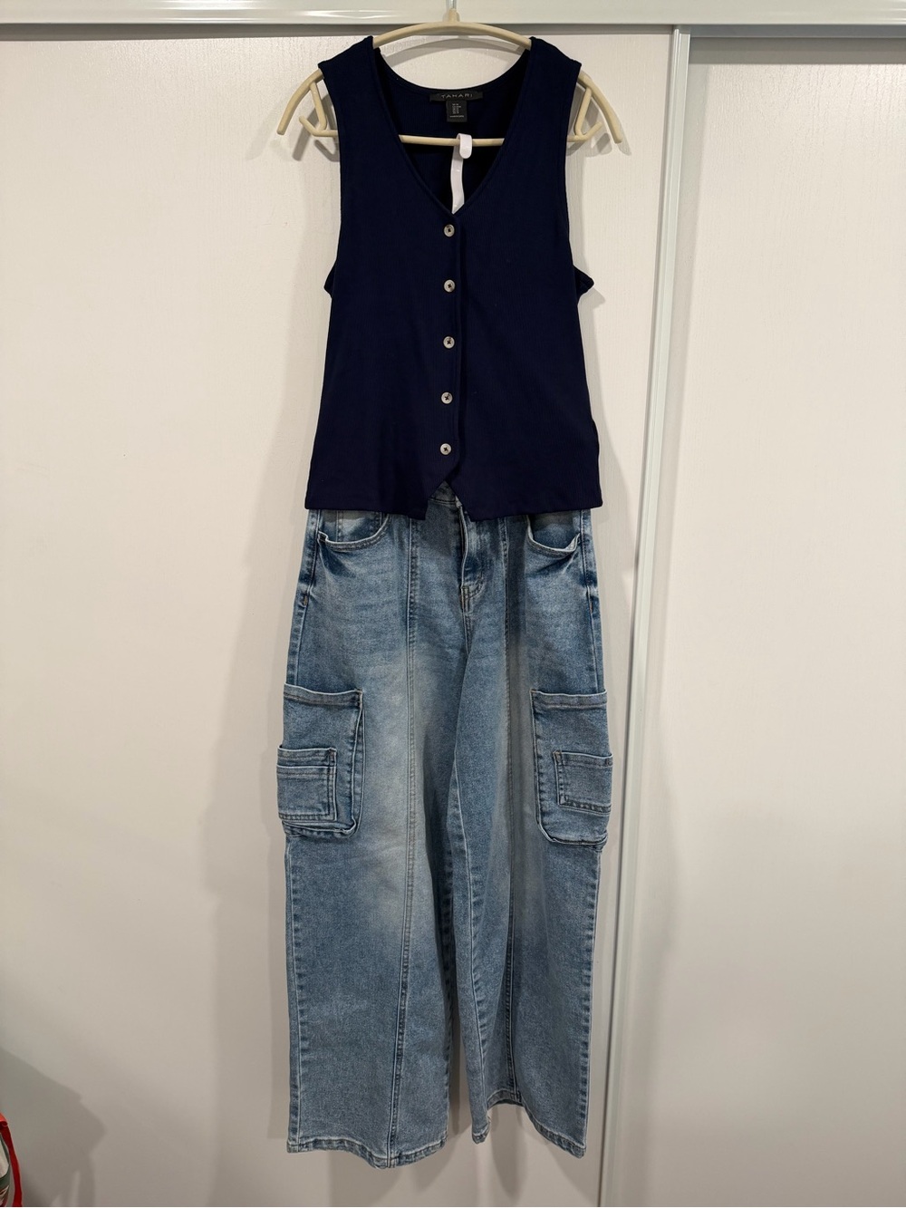 Navy Button Front Vest & Wide Leg Cargo Jeans